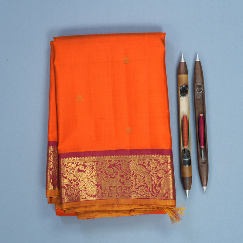 Hayagrivas Handloom Orange Kanjivaram Silk Saree with Maroon Border KBF537G4-1
