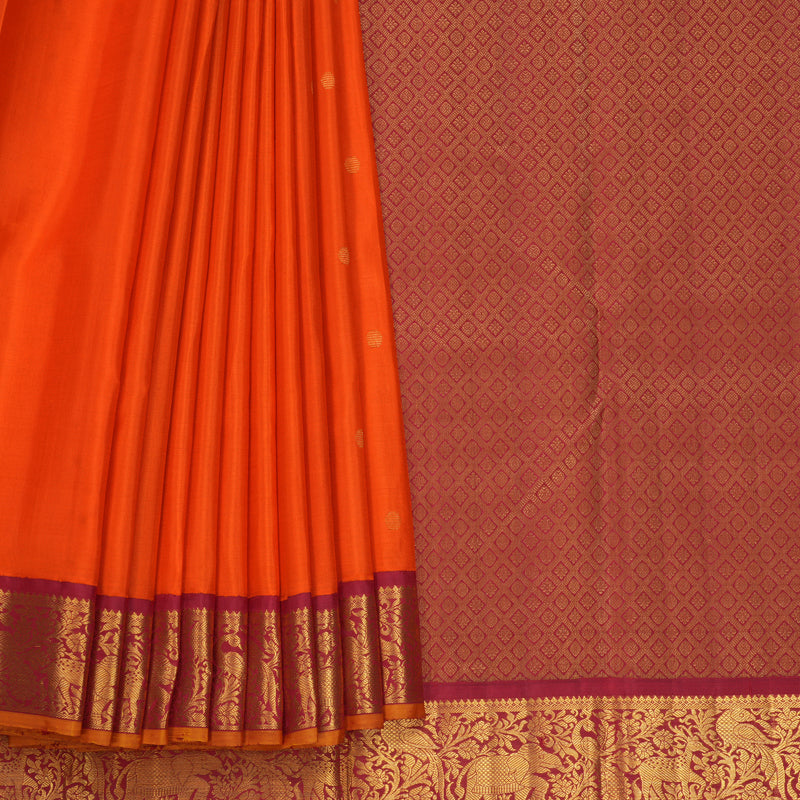 Hayagrivas Handloom Orange Kanjivaram Silk Saree with Maroon Border KBF537G4-1
