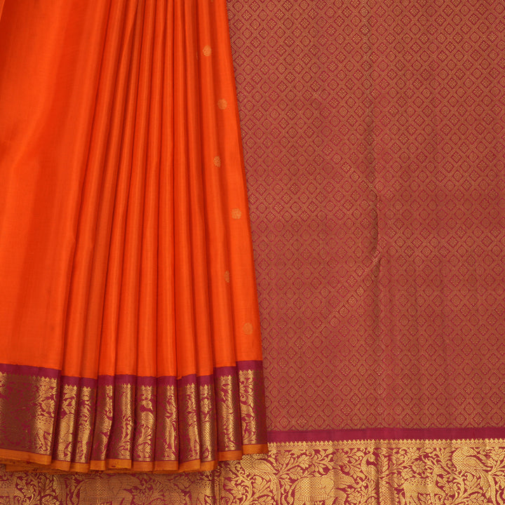 Hayagrivas Handloom Orange Kanjivaram Silk Saree with Maroon Border KBF537G4-1