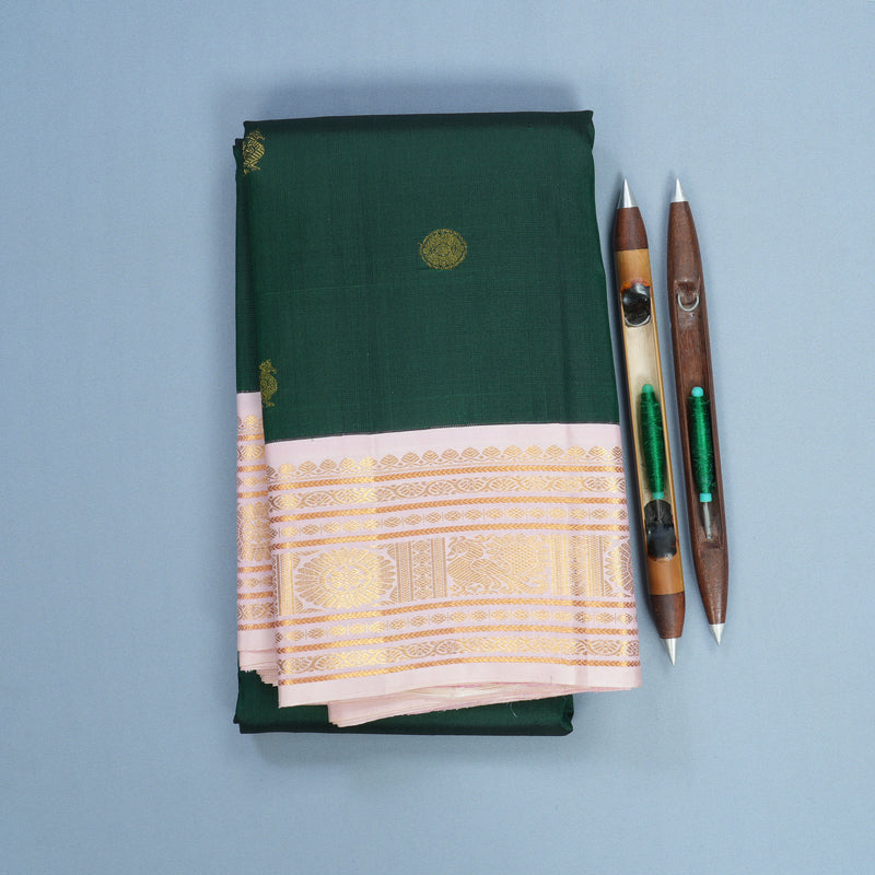 Hayagrivas Handloom Bottle Green Kanjivaram Silk Saree with Baby Pink Border KBF538G5-1