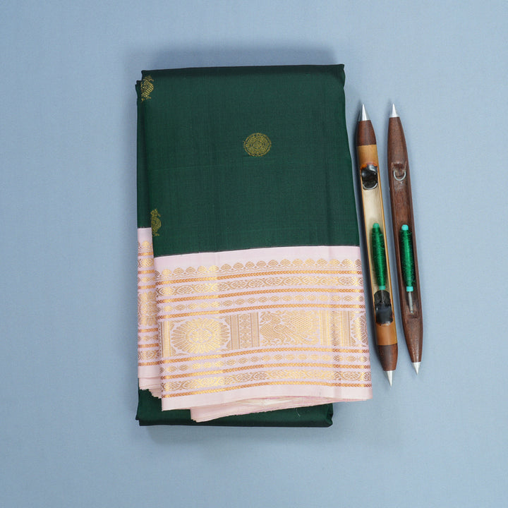 Hayagrivas Handloom Bottle Green Kanjivaram Silk Saree with Baby Pink Border KBF538G5-1