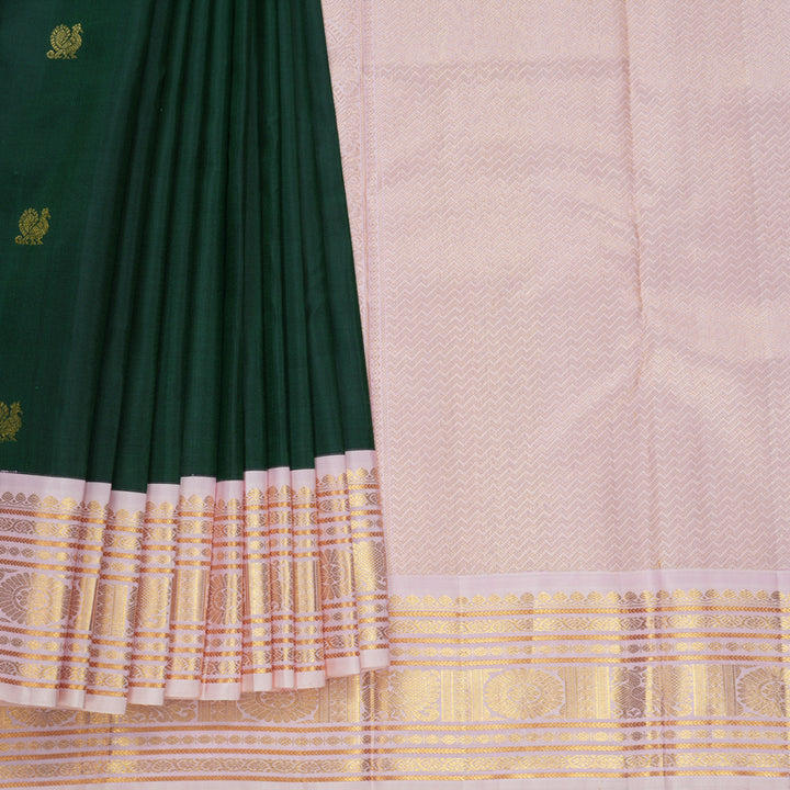 Hayagrivas Handloom Bottle Green Kanjivaram Silk Saree with Baby Pink Border KBF538G5-1