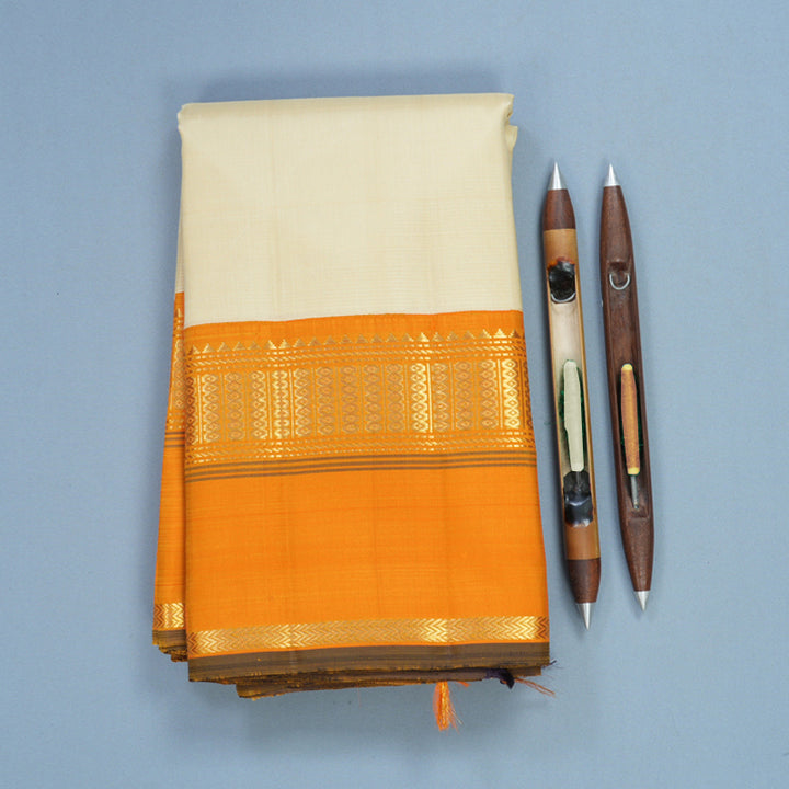 Hayagrivas Handloom Half-White Kanjivaram Silk Saree with Orange Border KBF539G1-1