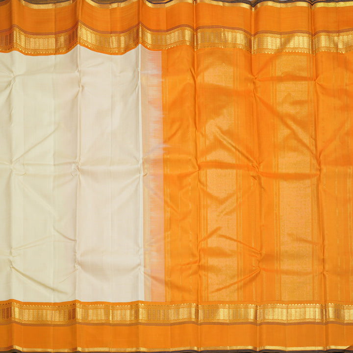 Hayagrivas Handloom Half-White Kanjivaram Silk Saree with Orange Border KBF539G1-1
