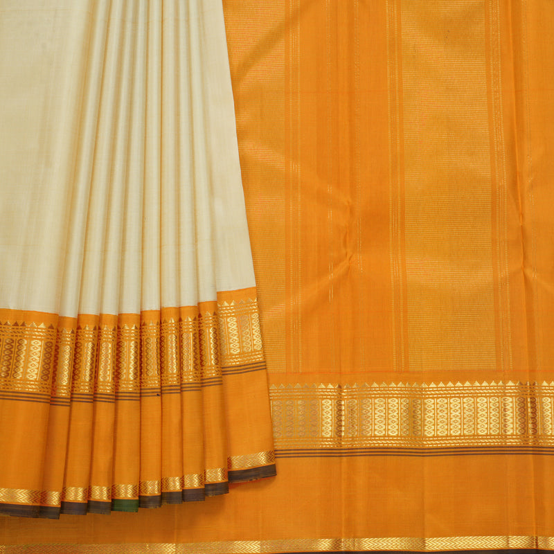 Hayagrivas Handloom Half-White Kanjivaram Silk Saree with Orange Border KBF539G1-1