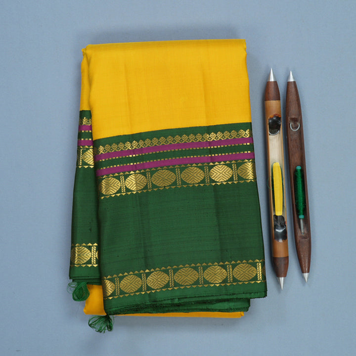 Hayagrivas Handloom Yellow Kanjivaram Silk Saree with Bottle Green Border KBF539G2-1