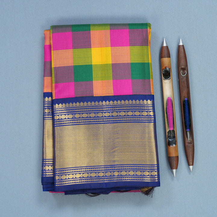 Hayagrivas Handloom Multicolour Checks Kanjivaram Silk Saree with Ink Blue Border KBF540G4-1