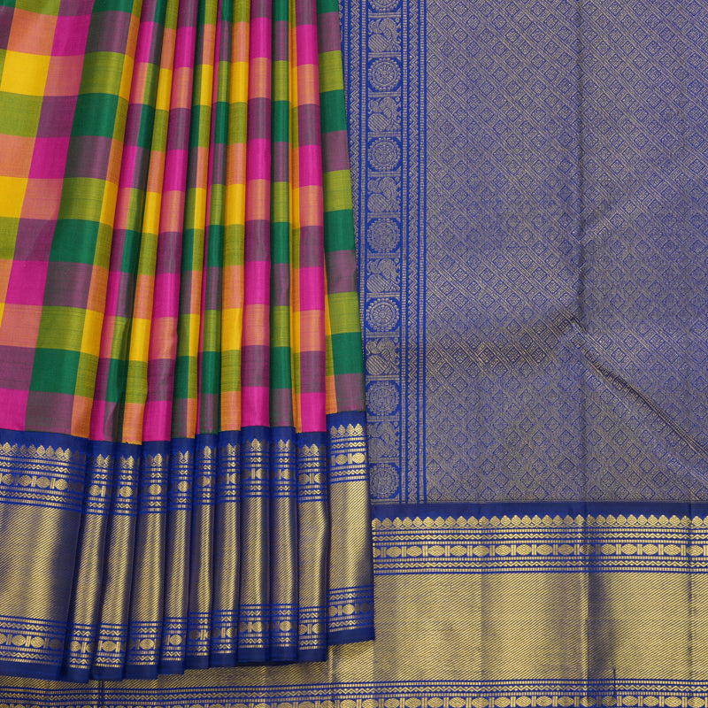 Hayagrivas Handloom Multicolour Checks Kanjivaram Silk Saree with Ink Blue Border KBF540G4-1
