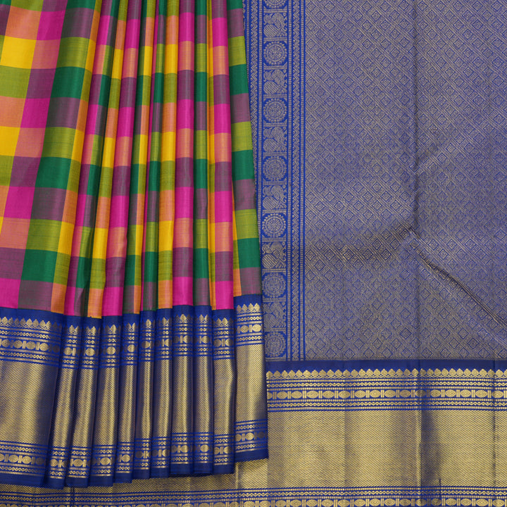 Hayagrivas Handloom Multicolour Checks Kanjivaram Silk Saree with Ink Blue Border KBF540G4-1