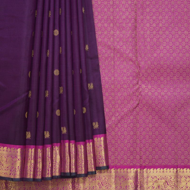 Hayagrivas Handloom Purple Kanjivaram Silk Saree with Magenta-Pink Border KBF542G10-3