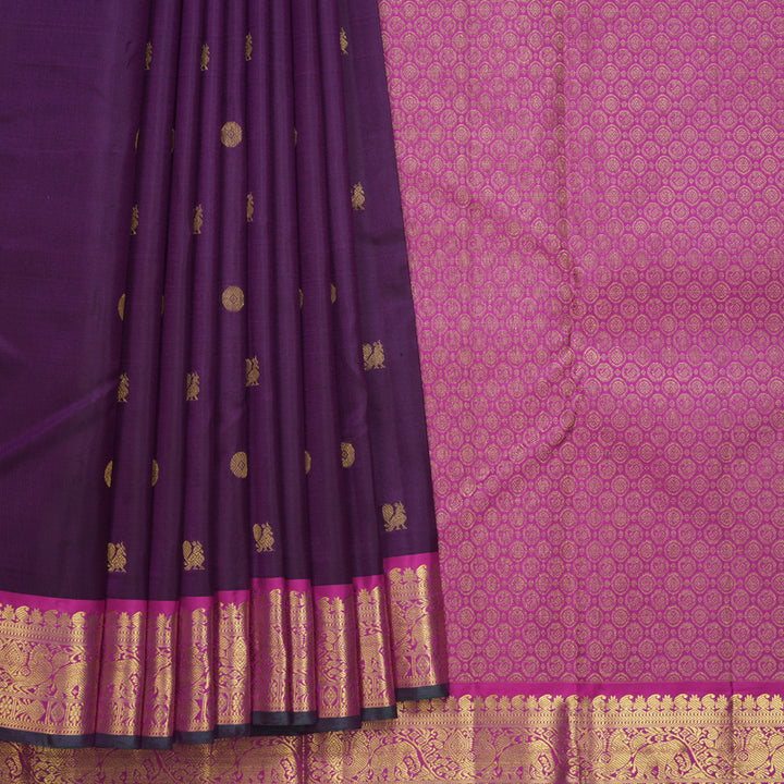 Hayagrivas Handloom Purple Kanjivaram Silk Saree with Magenta-Pink Border KBF542G10-3