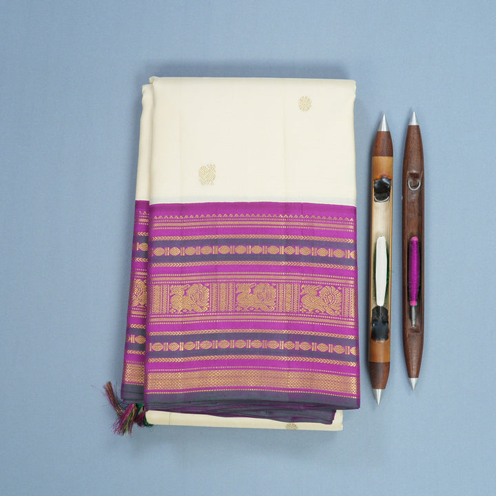 Hayagrivas Handloom Half-White Kanjivaram Silk Saree with Purple Border KBF542G2-1