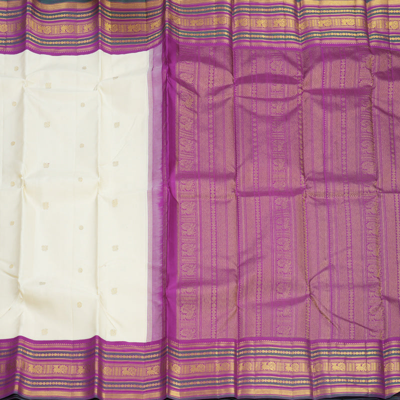 Hayagrivas Handloom Half-White Kanjivaram Silk Saree with Purple Border KBF542G2-1