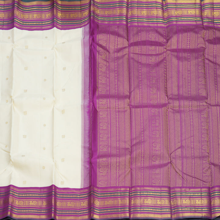 Hayagrivas Handloom Half-White Kanjivaram Silk Saree with Purple Border KBF542G2-1