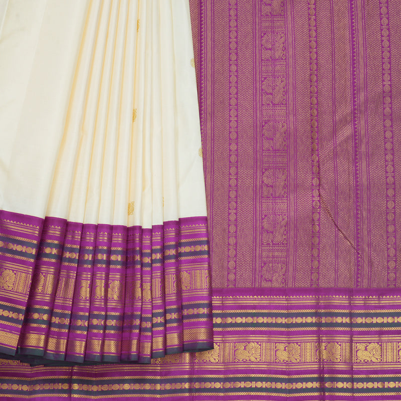 Hayagrivas Handloom Half-White Kanjivaram Silk Saree with Purple Border KBF542G2-1
