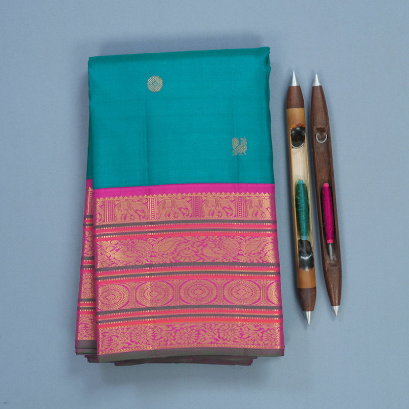 Hayagrivas Handloom Teal Kanjivaram Silk Saree with Rani Pink Border KBF542G2-2