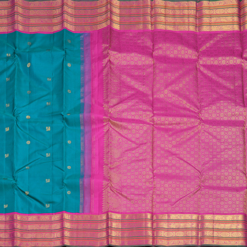 Hayagrivas Handloom Teal Kanjivaram Silk Saree with Rani Pink Border KBF542G2-2