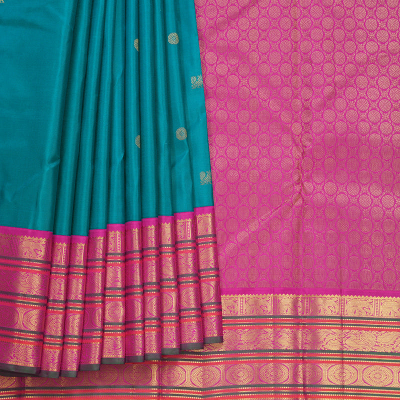 Hayagrivas Handloom Teal Kanjivaram Silk Saree with Rani Pink Border KBF542G2-2