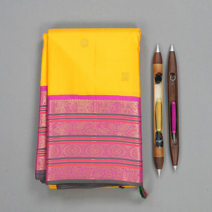 Hayagrivas Handloom Yellow Kanjivaram Silk Saree with Rani Pink Border KBF542G2-4