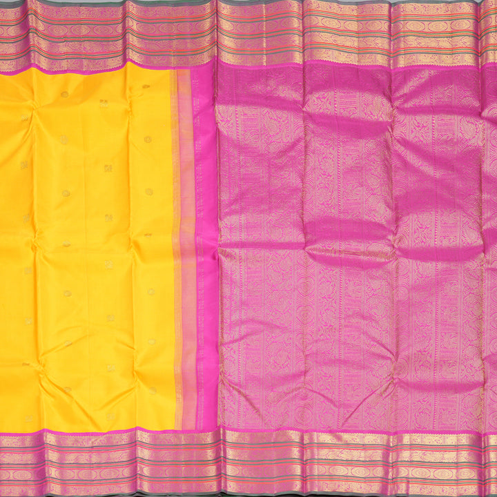 Hayagrivas Handloom Yellow Kanjivaram Silk Saree with Rani Pink Border KBF542G2-4