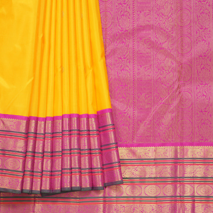 Hayagrivas Handloom Yellow Kanjivaram Silk Saree with Rani Pink Border KBF542G2-4