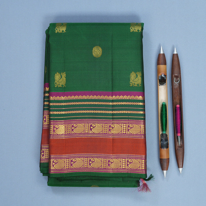 Hayagrivas Handloom Bottle Green Kanjivaram Silk Saree with Rust Orange Border KBF542G7-1