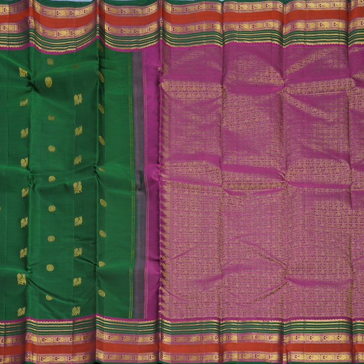 Hayagrivas Handloom Bottle Green Kanjivaram Silk Saree with Rust Orange Border KBF542G7-1