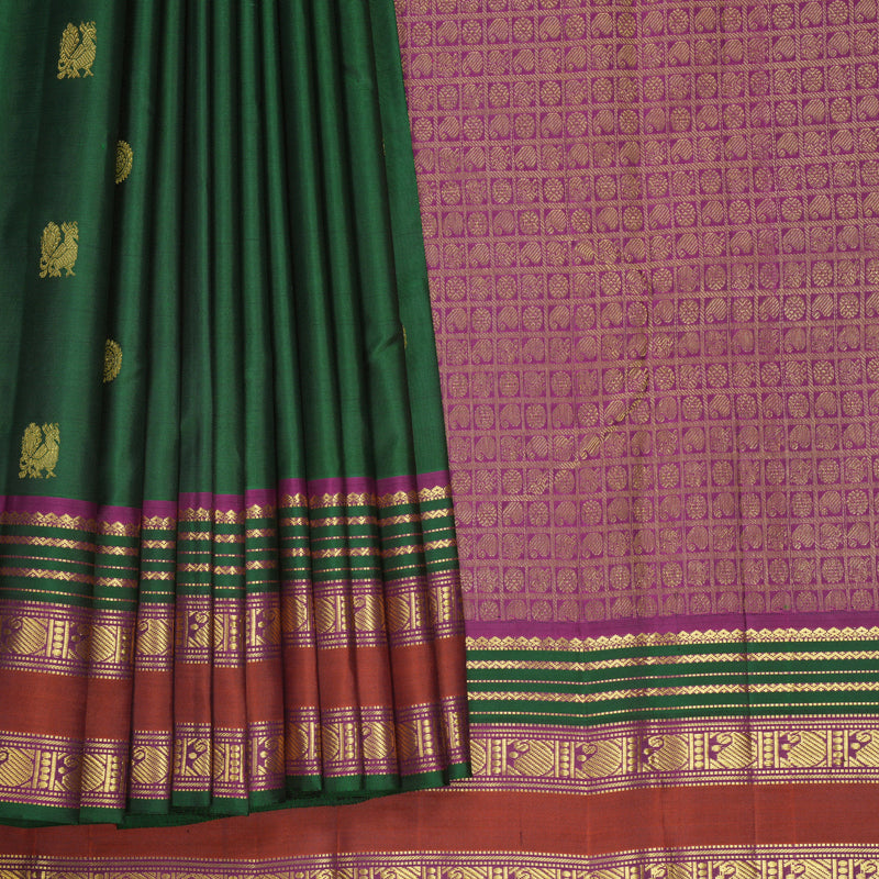Hayagrivas Handloom Bottle Green Kanjivaram Silk Saree with Rust Orange Border KBF542G7-1