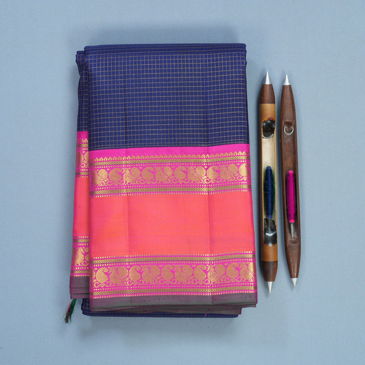Hayagrivas Handloom Midnight Blue Kanjivaram Silk Saree with Orangish-Pink Border KBF542G9-1