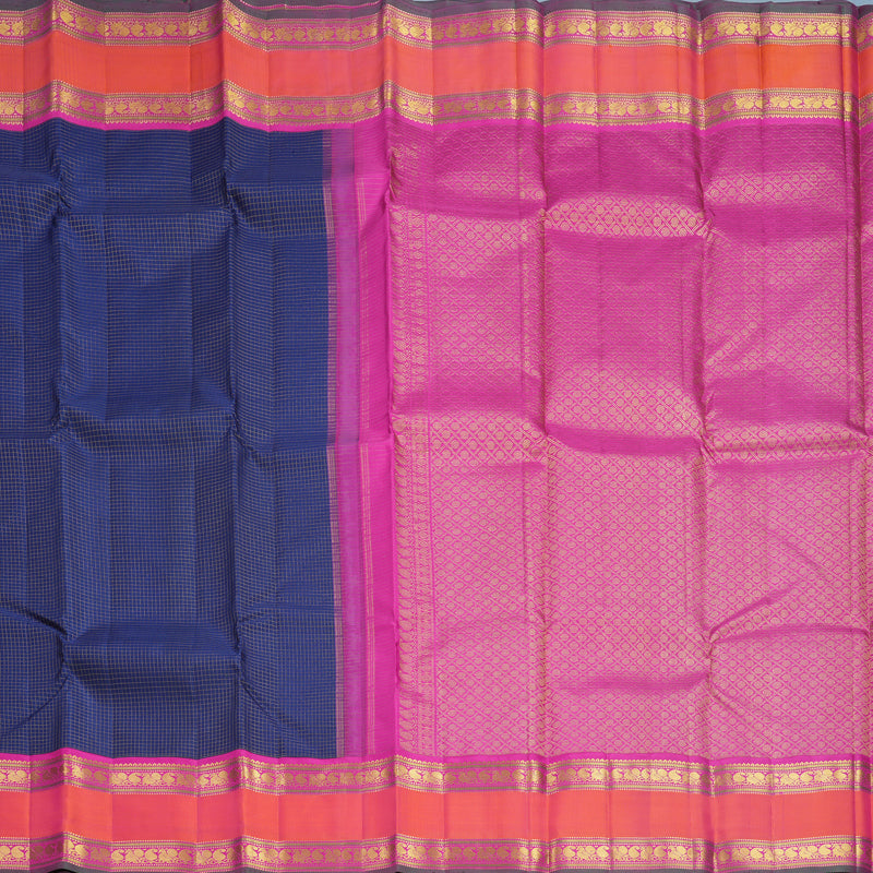 Hayagrivas Handloom Midnight Blue Kanjivaram Silk Saree with Orangish-Pink Border KBF542G9-1