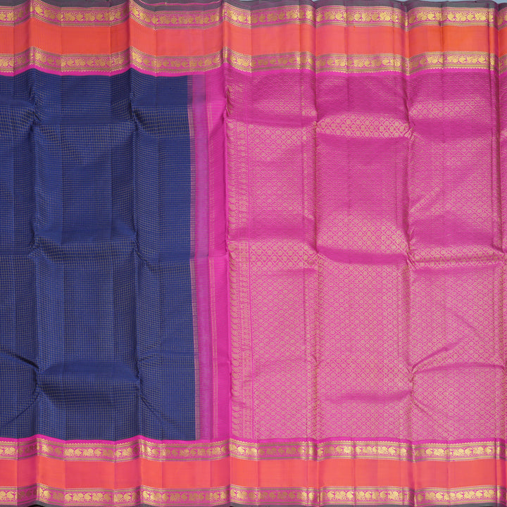 Hayagrivas Handloom Midnight Blue Kanjivaram Silk Saree with Orangish-Pink Border KBF542G9-1