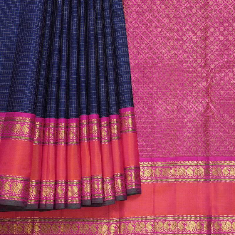 Hayagrivas Handloom Midnight Blue Kanjivaram Silk Saree with Orangish-Pink Border KBF542G9-1