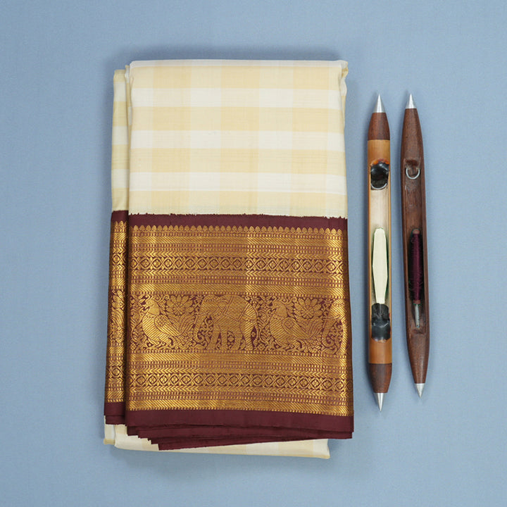 Hayagrivas Handloom Pale Yellow &amp; Cream Checks Kanjivaram Silk Saree KBF543G2-1