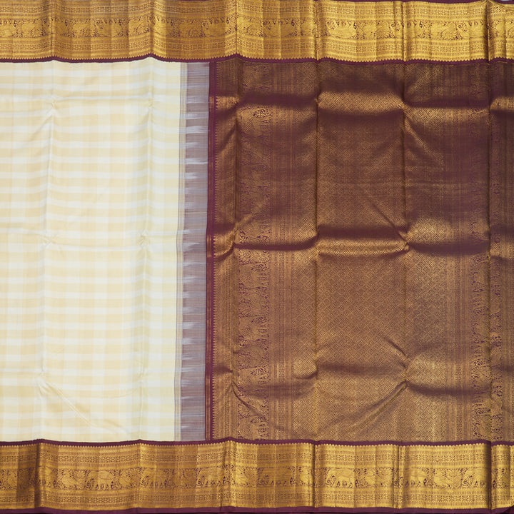 Hayagrivas Handloom Pale Yellow &amp; Cream Checks Kanjivaram Silk Saree KBF543G2-1
