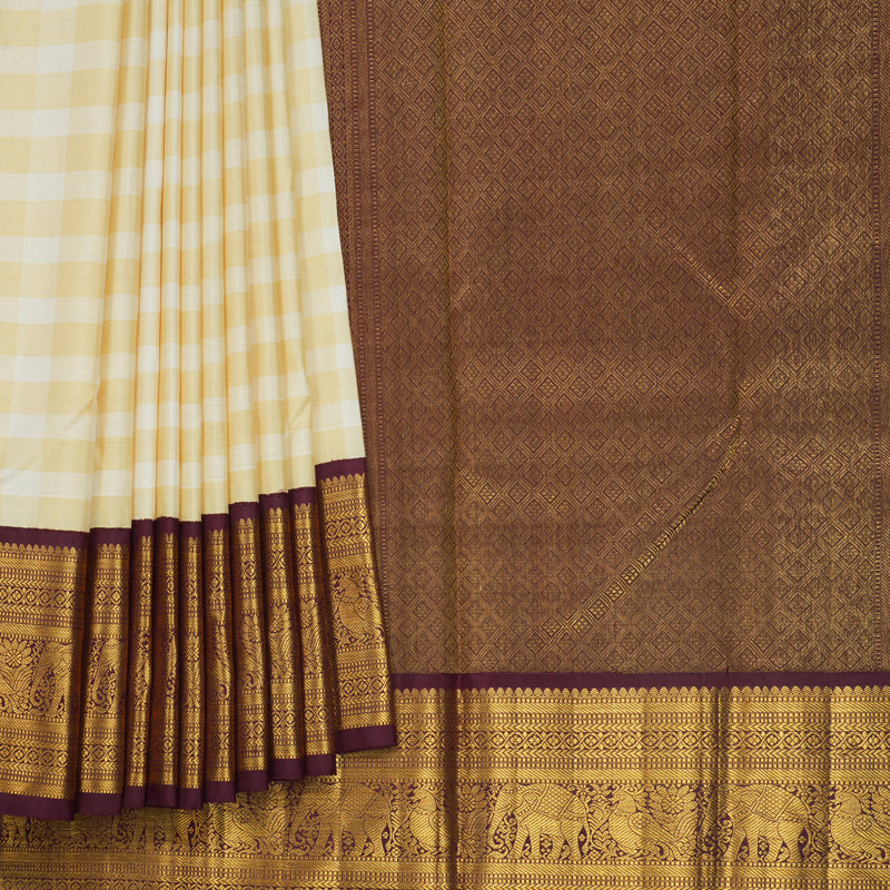 Hayagrivas Handloom Pale Yellow &amp; Cream Checks Kanjivaram Silk Saree KBF543G2-1