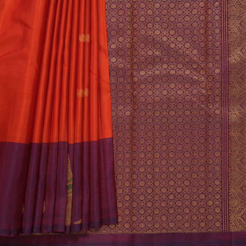 Hayagrivas Handloom Reddish-Orange Kanjivaram Silk Saree with Purple Border KBF544G1-4