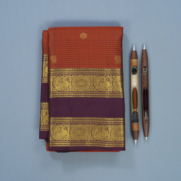 Hayagrivas Handloom Rust Orange Kanjivaram Silk Saree with Burgundy Border KBF544G3-3