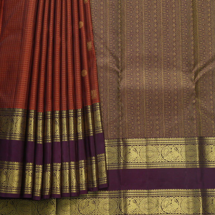 Hayagrivas Handloom Rust Orange Kanjivaram Silk Saree with Burgundy Border KBF544G3-3