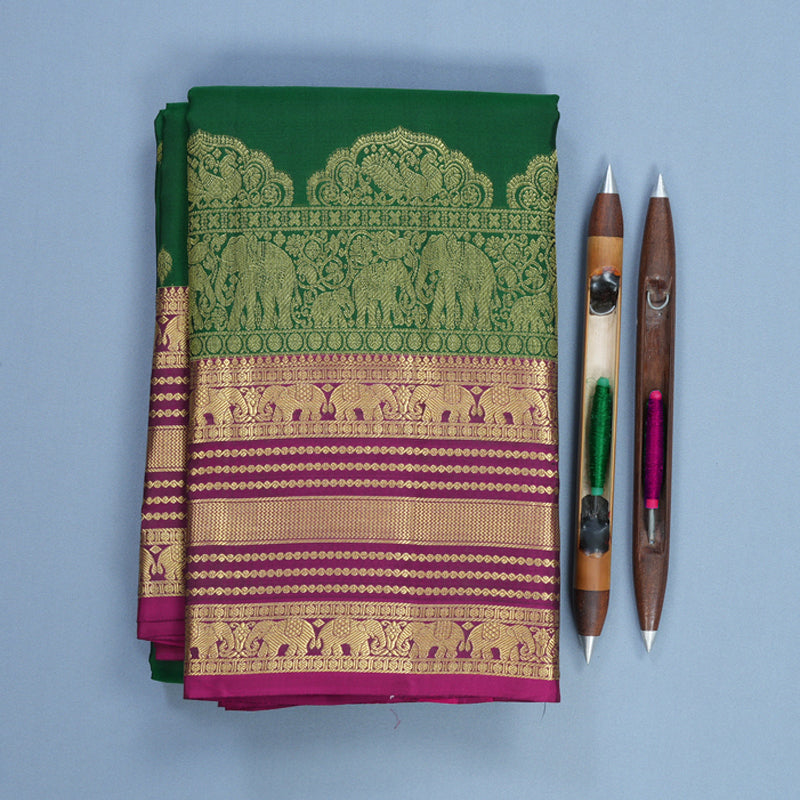 Hayagrivas Handloom Dark Green Kanjivaram Silk Saree with Magenta Border KBF544G5-2