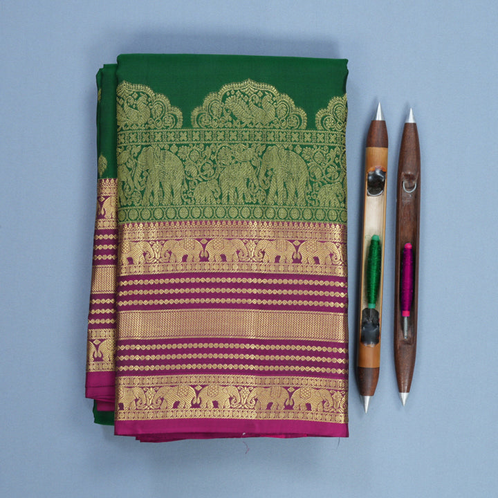Hayagrivas Handloom Dark Green Kanjivaram Silk Saree with Magenta Border KBF544G5-2