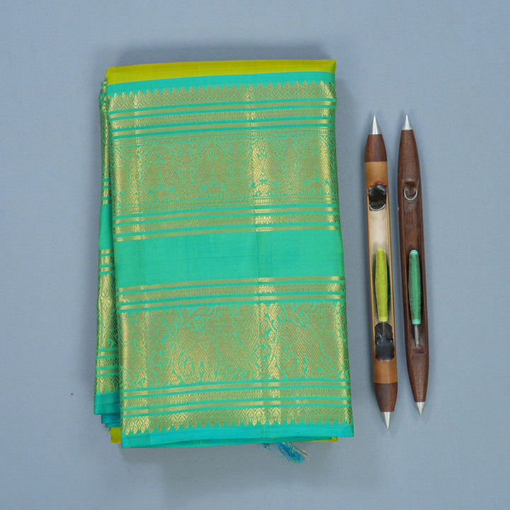 Hayagrivas Handloom Lime Green Kanjivaram Silk Saree with Sky Blue Border KBF545G2-2