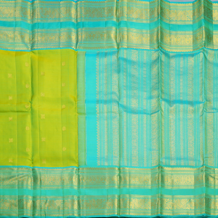 Hayagrivas Handloom Lime Green Kanjivaram Silk Saree with Sky Blue Border KBF545G2-2