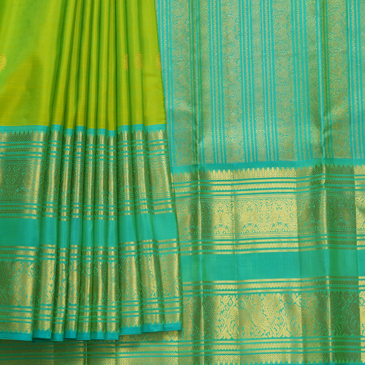 Hayagrivas Handloom Lime Green Kanjivaram Silk Saree with Sky Blue Border KBF545G2-2