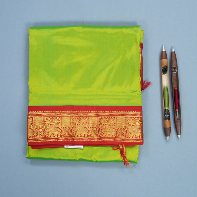 Hayagrivas Handloom Fluorescent Green Ten Yards Silk Saree KBF548G1-1