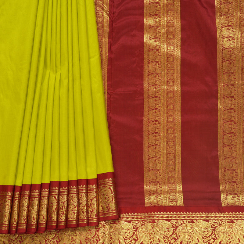 Hayagrivas Handloom Lime Green Ten Yards Silk Saree KBF548G1-32