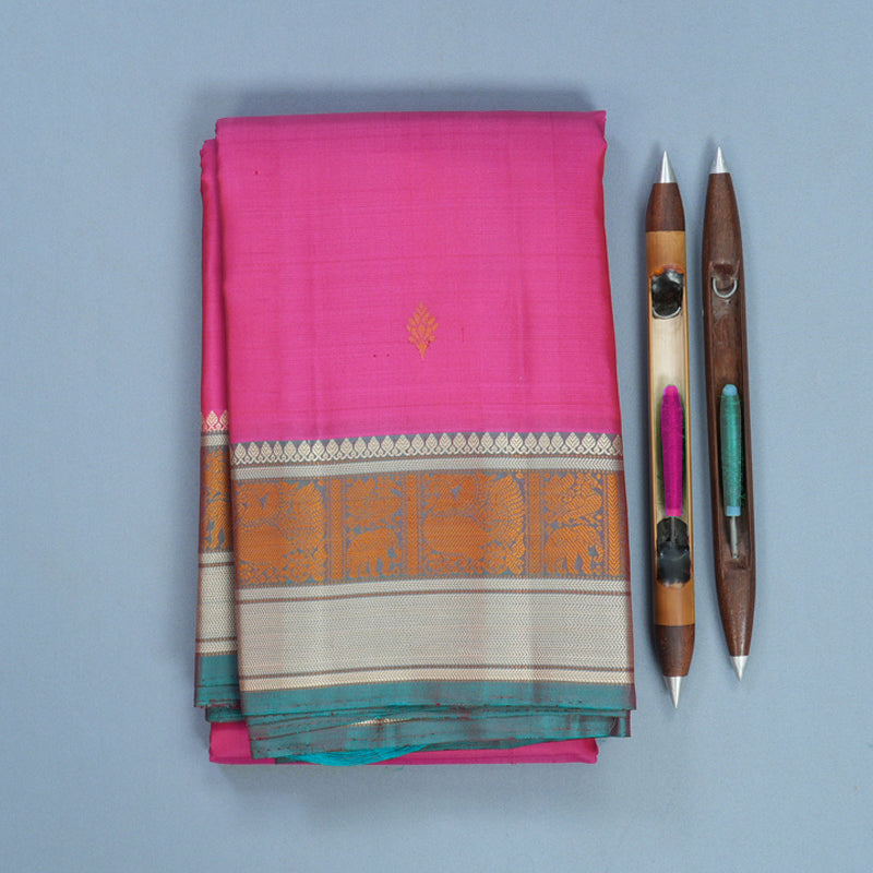 Hayagrivas Handloom Rani Pink Kanjivaram Silk Saree with Cyan Blue Border KBF552G1-11