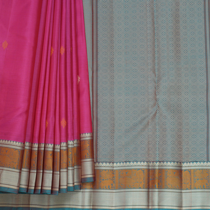 Hayagrivas Handloom Rani Pink Kanjivaram Silk Saree with Cyan Blue Border KBF552G1-11