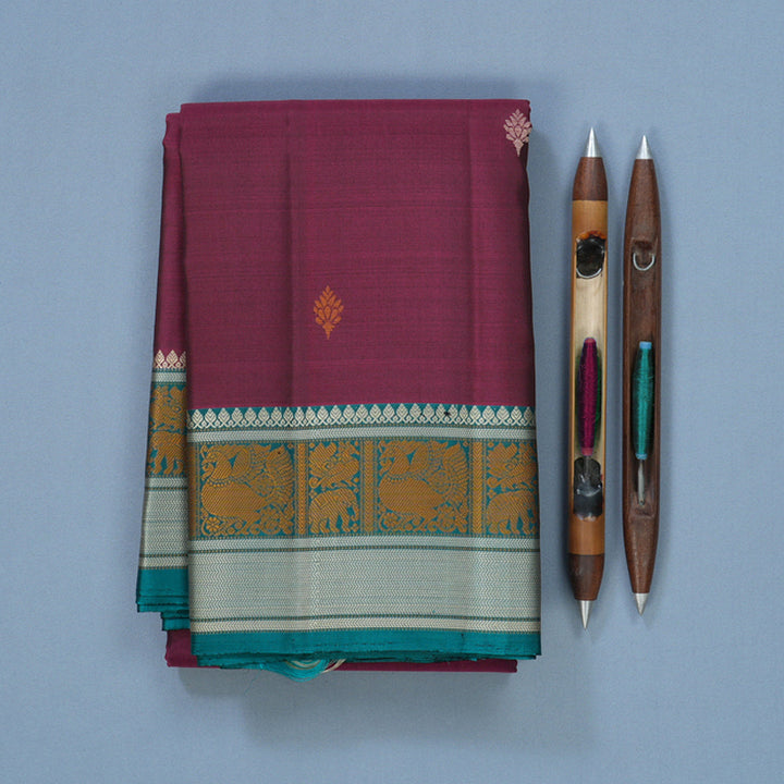 Hayagrivas Handloom Wine Purple Kanjivaram Silk Saree with Teal Green Border KBF552G1-12