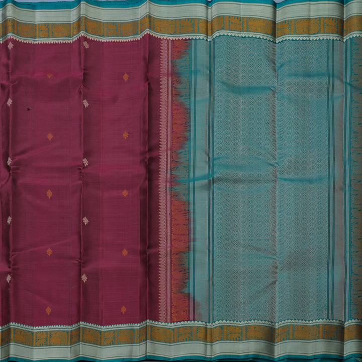 Hayagrivas Handloom Wine Purple Kanjivaram Silk Saree with Teal Green Border KBF552G1-12