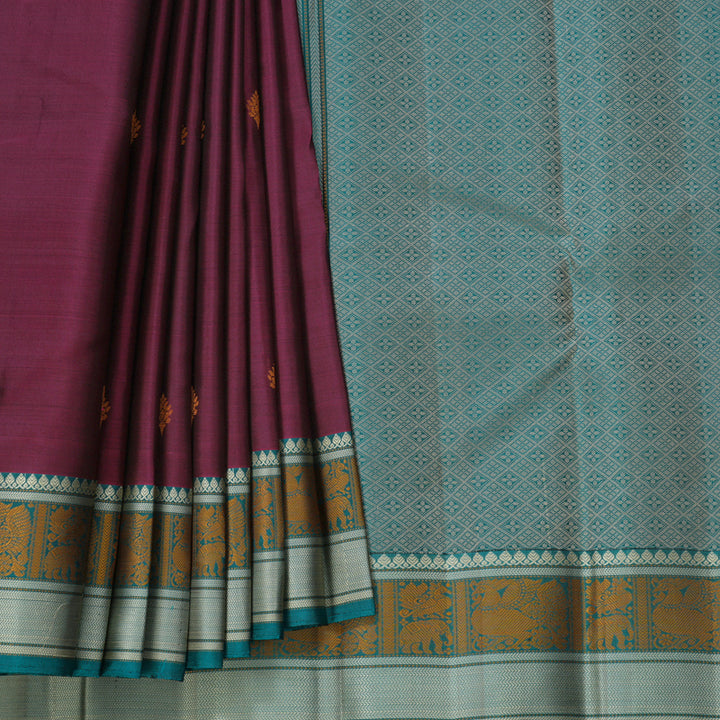 Hayagrivas Handloom Wine Purple Kanjivaram Silk Saree with Teal Green Border KBF552G1-12